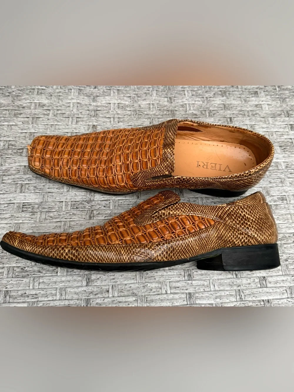 Vieri Woven Leather & Snakeskin Print Slip-On Loafers Square Toe Men’s EU 42